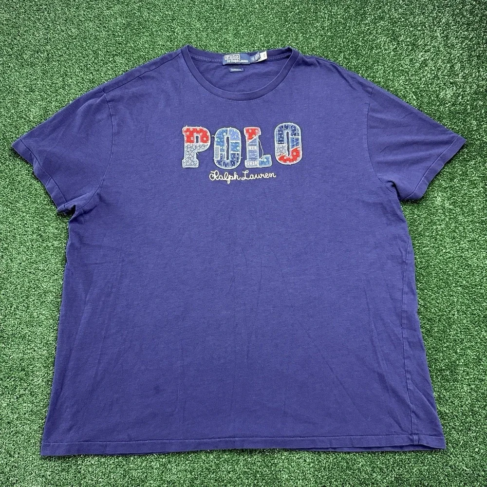 Polo Ralph Lauren Men's Short Sleeve Graphic T-Shirt 2XL Blue Embroidered Denim